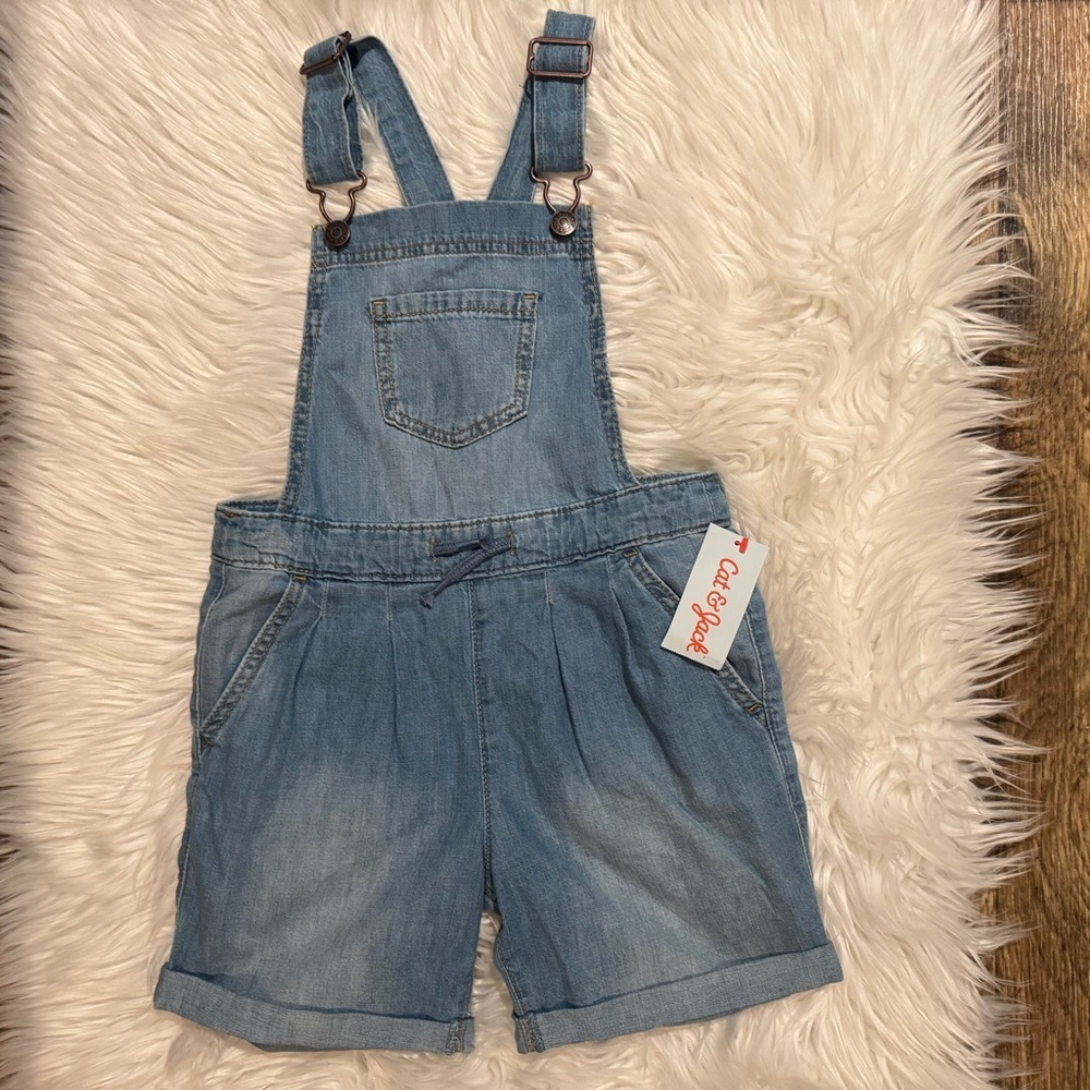 Cat &‎ Jack Denim Shortalls Girls 6/6X Blue Overall Shorts Romper Adjustable - Picture 2 of 7